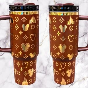 Brown and Gold Travel Mug with Mickey Design